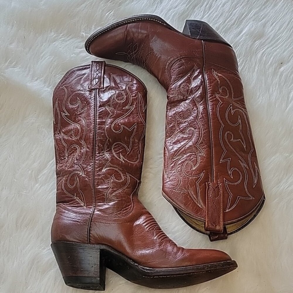 DAN POST Brown Leather White Stitched‎ Tall Round Toe Western Boho Pull On Boots